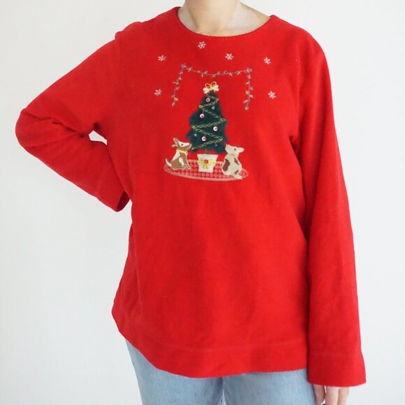 Vintage White Stag Red Embroidered Christmas Dogs & Trees Fleece Sweater L - Picture 1 of 8